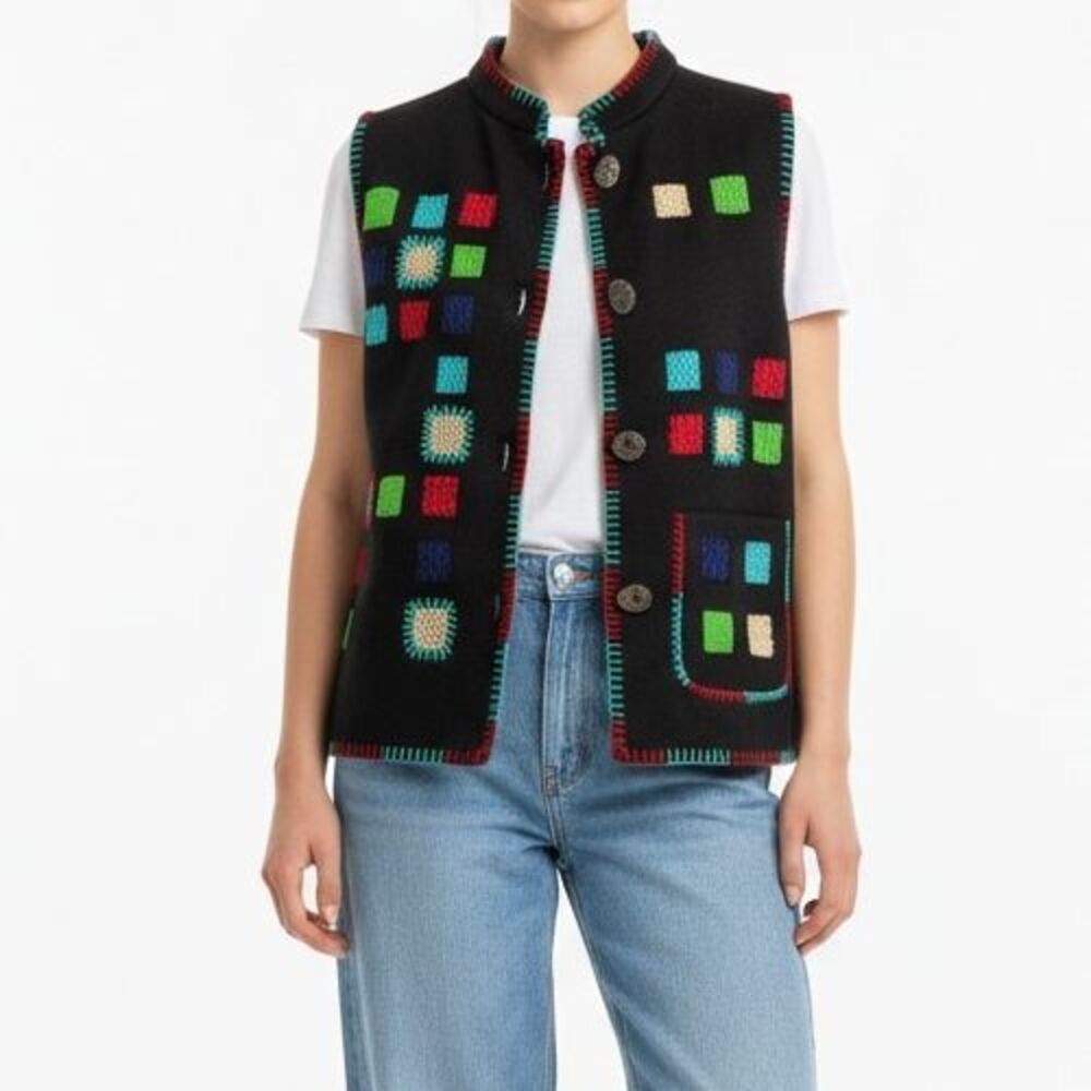 Allure Wool Blend Embroidered Block Vest Women Medium Black Rainbow Tiki Buttons